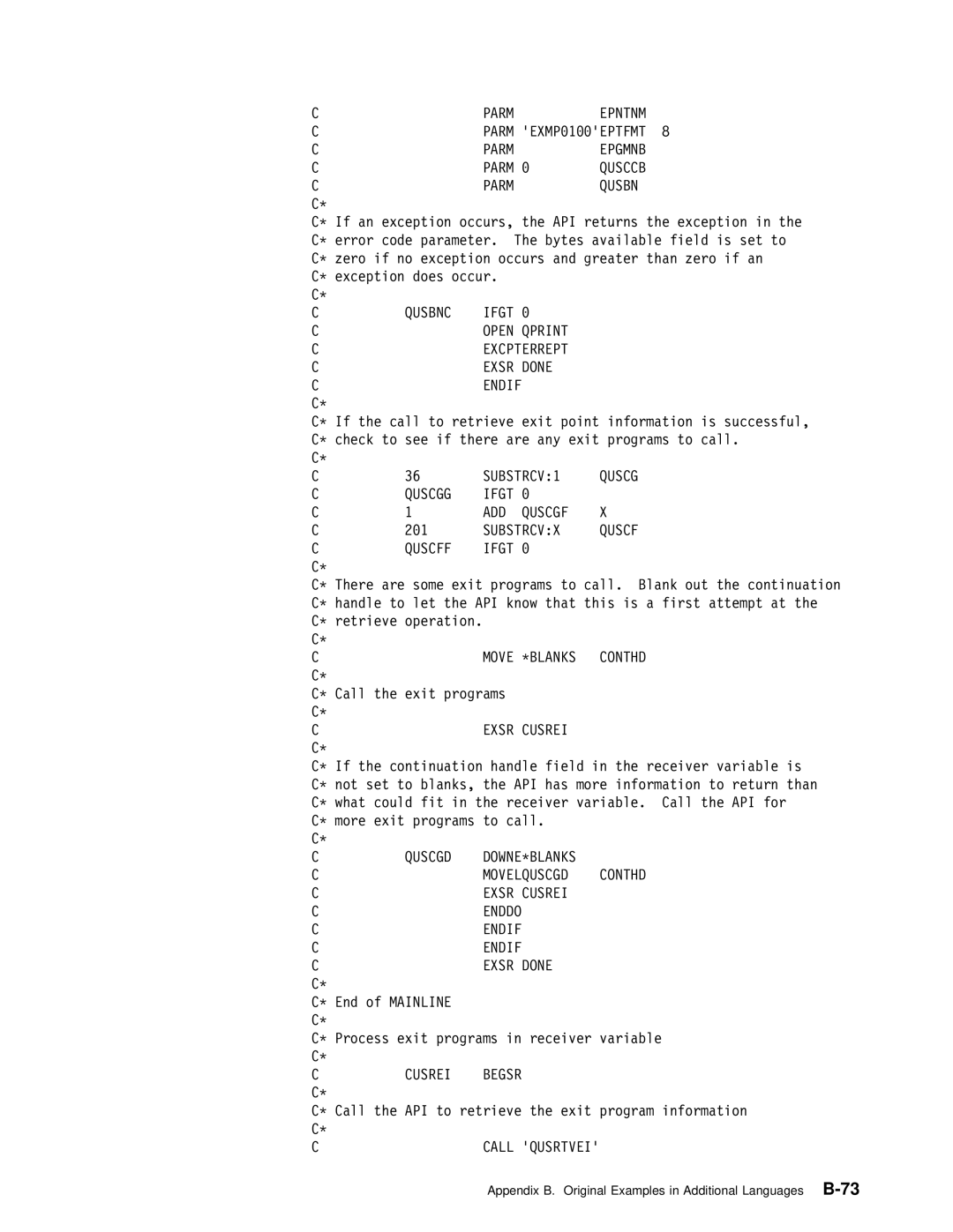 IBM Version 4 Parm Epntnm, Parm Epgmnb, Qusccb, SUBSTRCV1, Quscgg Ifgt ADD Quscgf, Substrcvx, Quscff Ifgt, Exsr Cusrei 