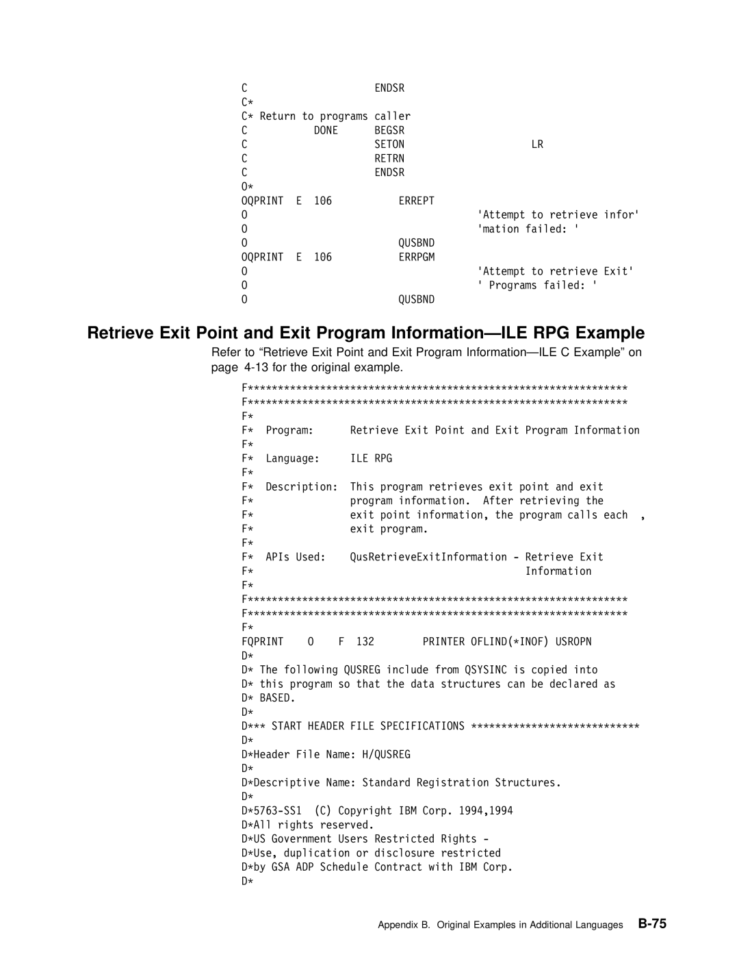 IBM Version 4 manual Information-ILE RPG Example, Done Begsr Seton Retrn Endsr Oqprint, Qusbnd Oqprint, Based 