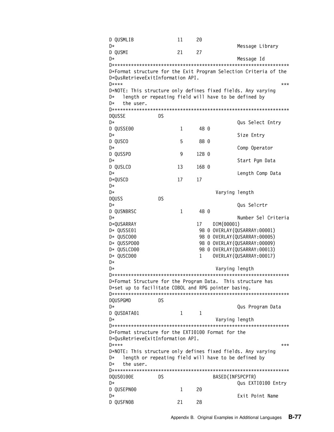 IBM Version 4 manual Qusmlib, Qusmi, Dqusse, Qusco, Qusspd, Quslcd, Quscd, Qusnbrsc, Qusarray, Dquspgmd, Basedinfspcptr 