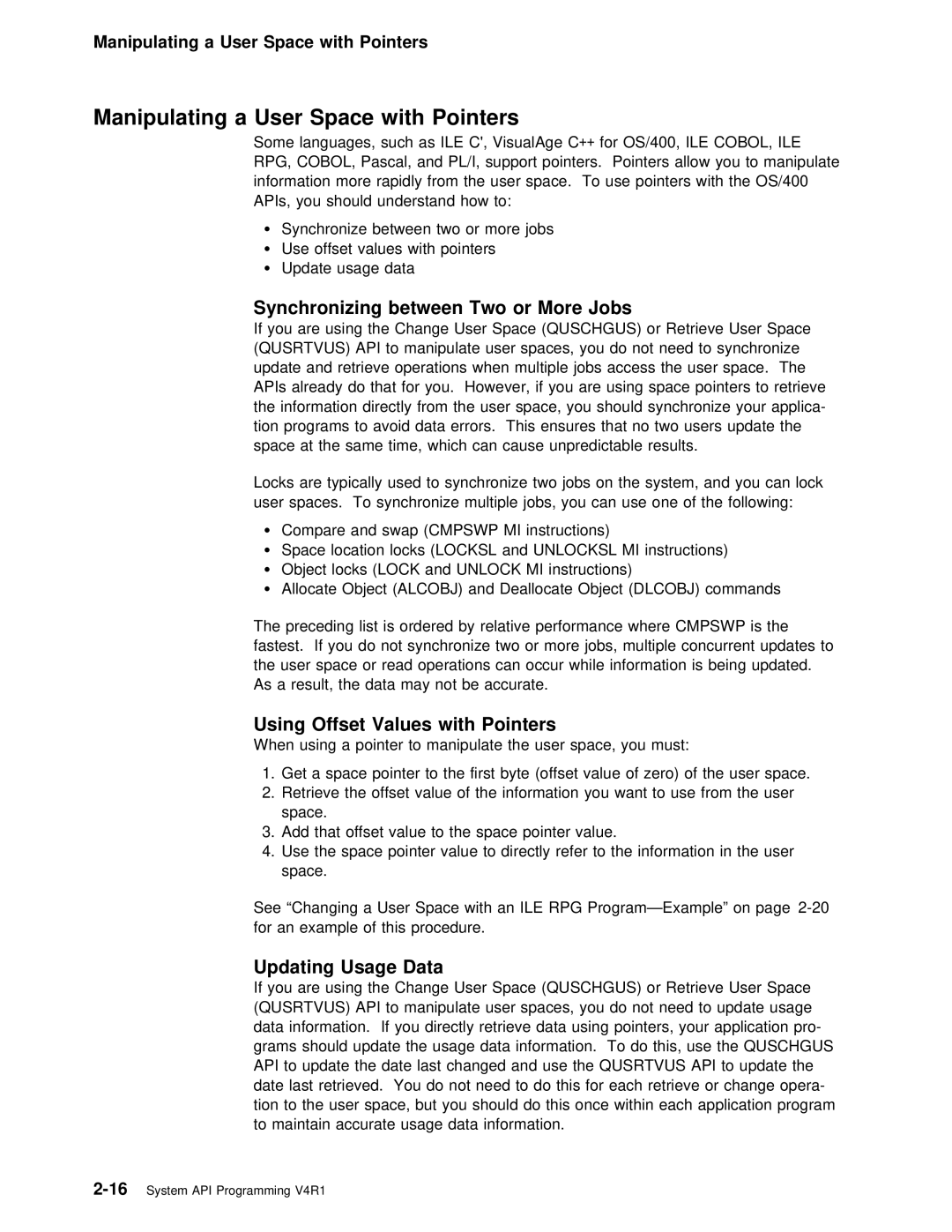 IBM Version 4 manual With, Manipulating a User, Synchronizing between Two or More Jobs, Using Offset Values with Pointers 