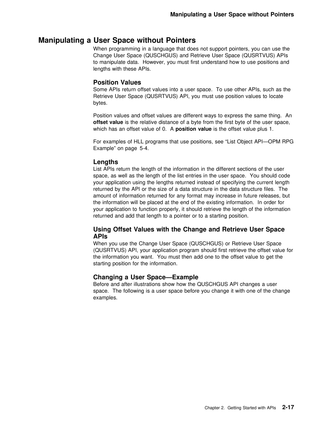 IBM Version 4 manual Manipulating a User Space without Pointers, Position Values, Lengths, Space APIs 