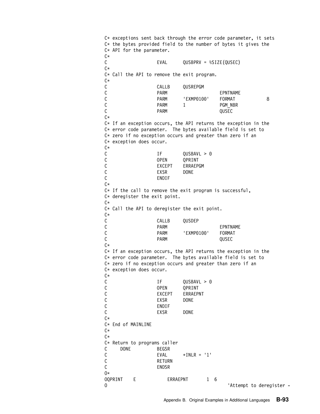 IBM Version 4 manual Callb Qusrepgm Parm Epntname, Format Parm Pgmnbr Qusec, Callb Qusdep Parm Epntname 