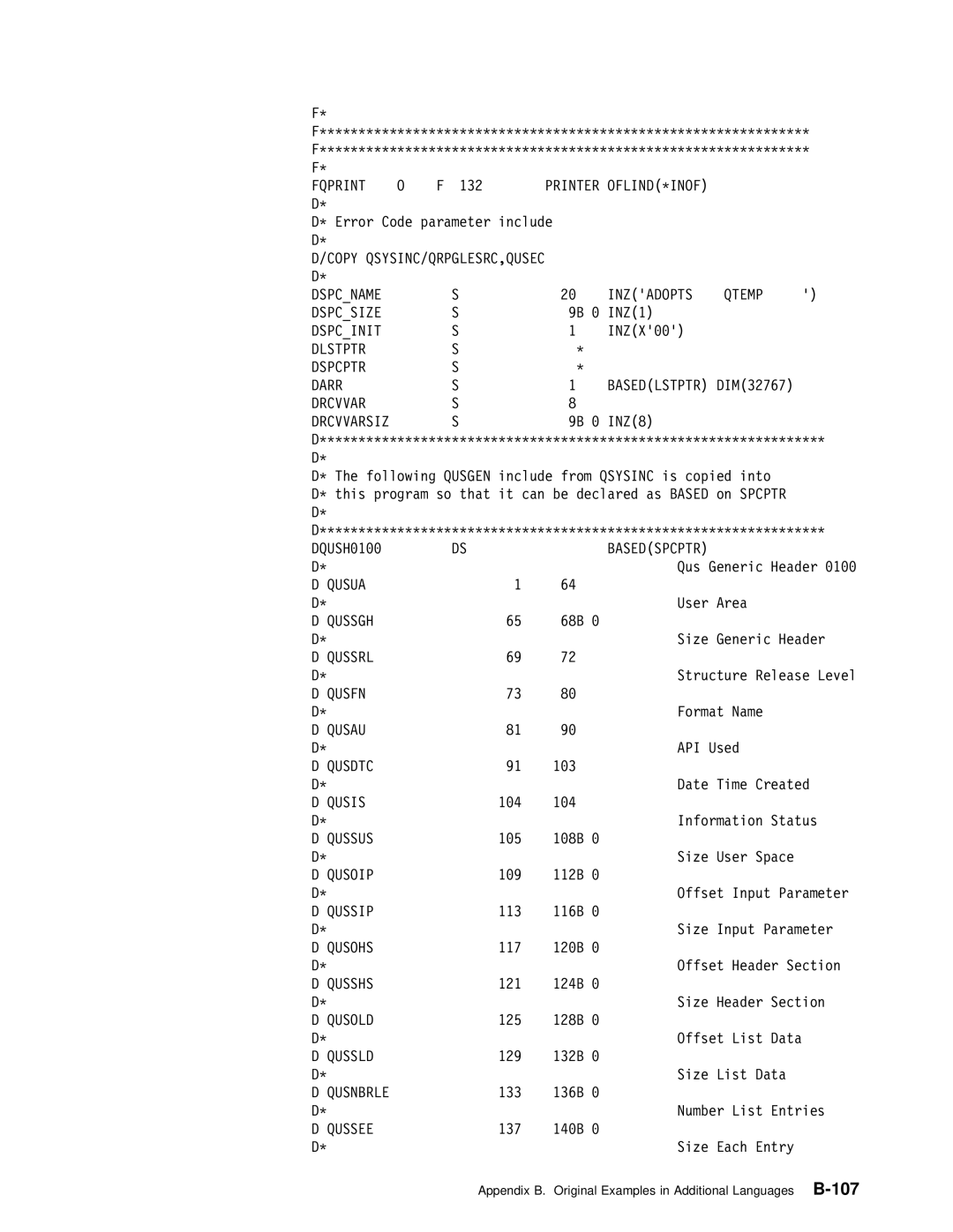 IBM Version 4 manual Inzadopts Qtemp Dspcsize, Dlstptr Dspcptr Darr Basedlstptr DIM32767 Drcvvar 