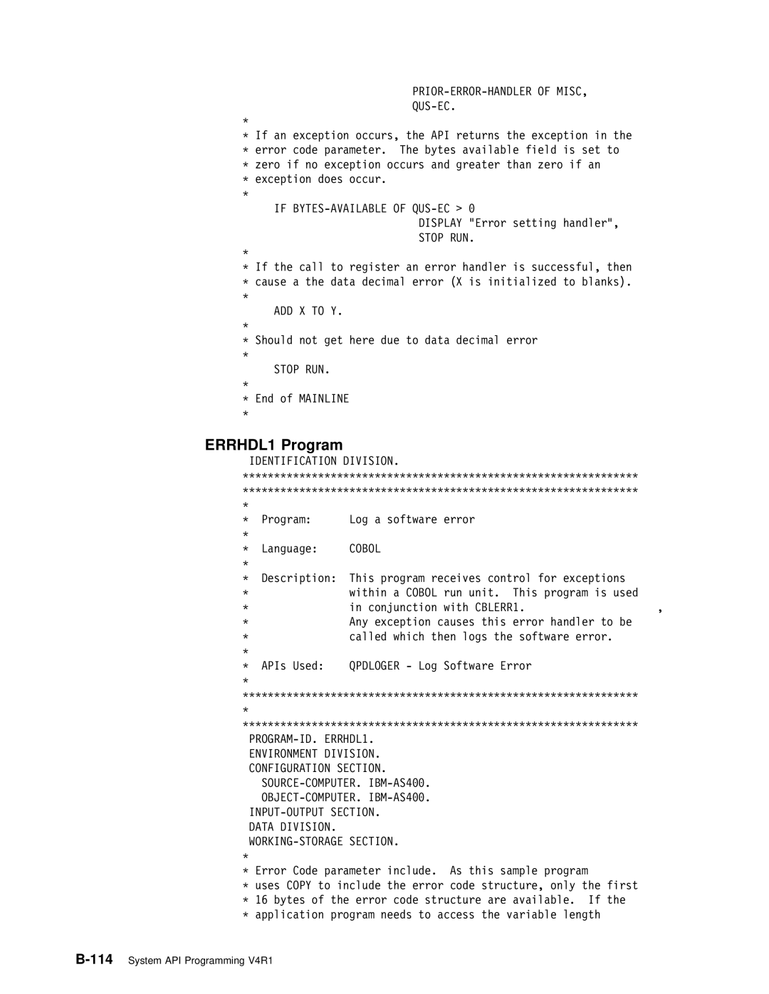 IBM Version 4 manual ERRHDL1 Program, PRIOR-ERROR-HANDLER of MISC, QUS-EC, ADD X to Y, PROGRAM-ID. ERRHDL1 