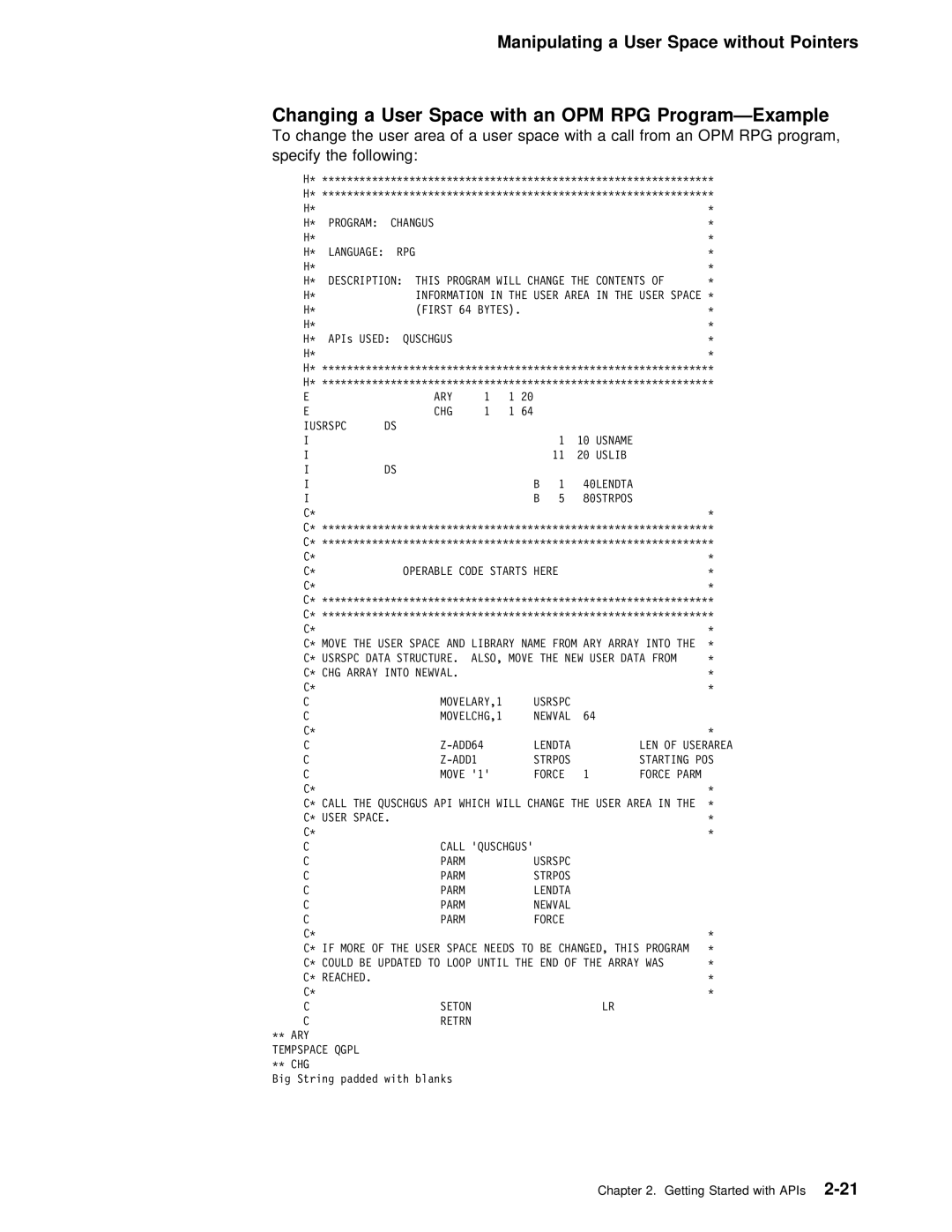 IBM Version 4 manual Changing a User Space with an OPM RPG Program-Example, Rpg 