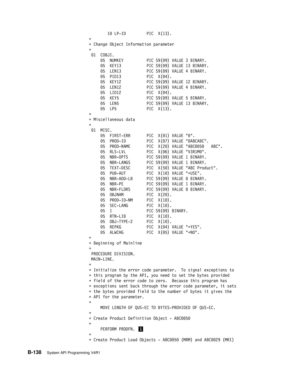 IBM Version 4 Numkey, KEY13, LEN13, PID13 PIC, KEY12, LEN12, LID12 PIC, KEY5, LEN5, LP5 PIC, First-Err Pic, Prod-Id Pic 