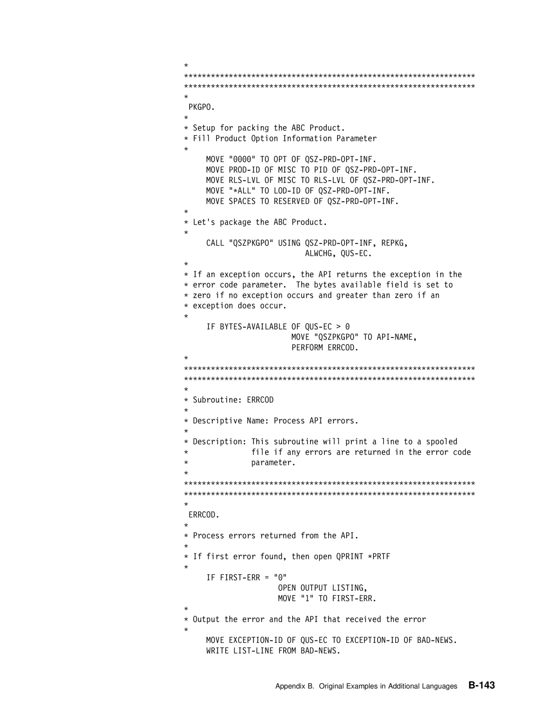 IBM Version 4 manual Call Qszpkgpo Using QSZ-PRD-OPT-INF, REPKG, ALWCHG, QUS-EC, Move Qszpkgpo to API-NAME, Perform Errcod 