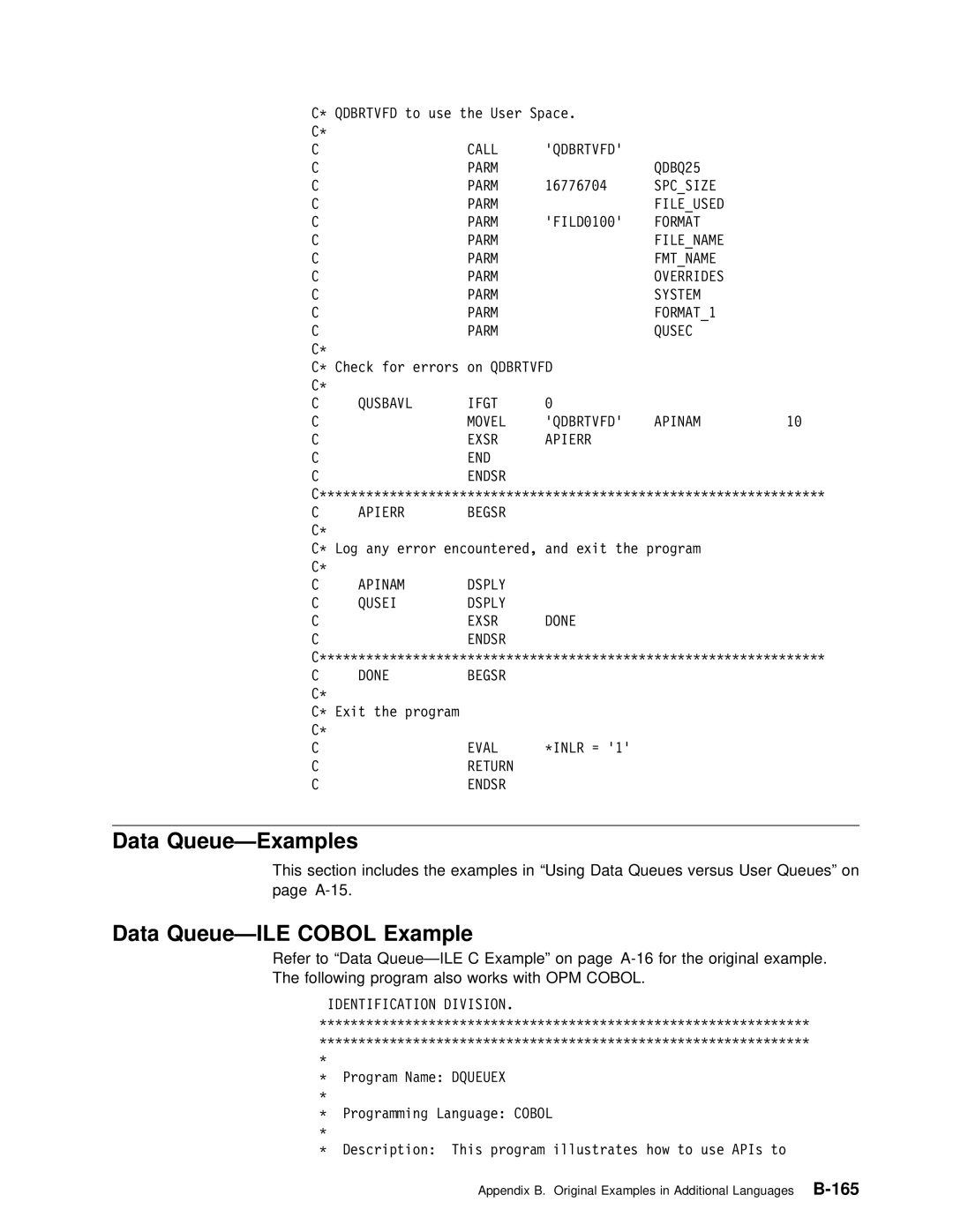 IBM Version 4 manual Data Queue-Examples, Data Queue-ILE Cobol Example 