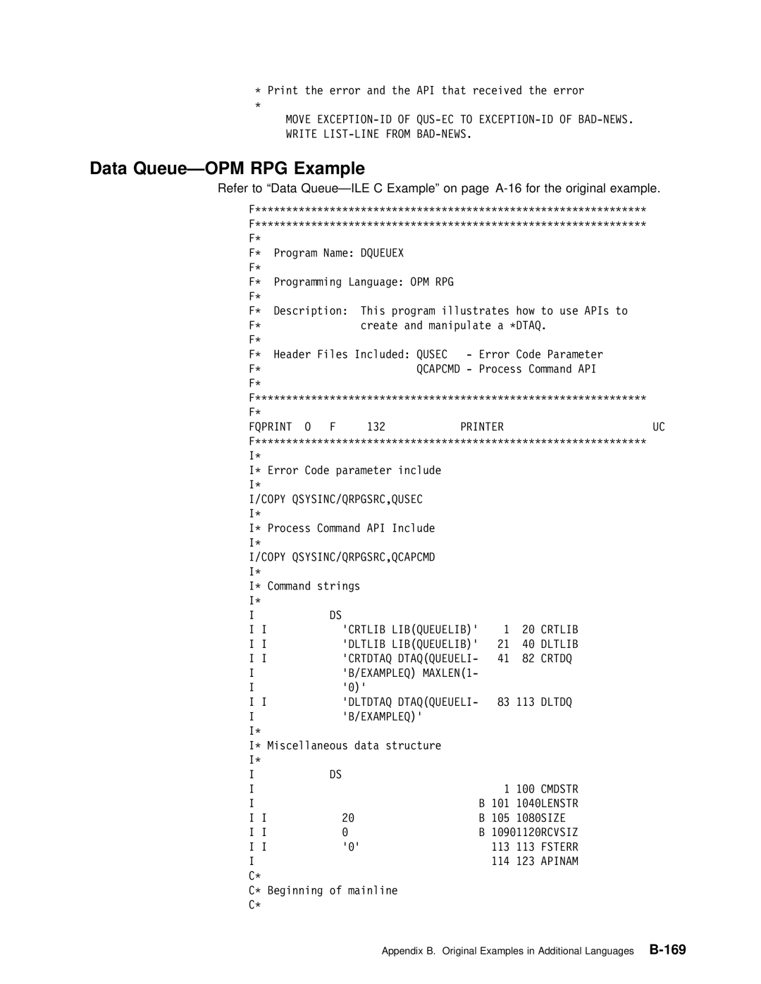 IBM Version 4 manual Data Queue-OPM RPG Example 