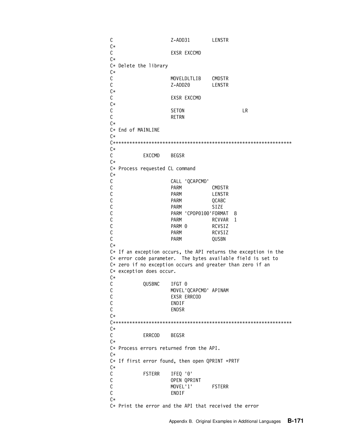 IBM Version 4 manual Moveldltlib Cmdstr, Exsr Exccmd Seton Retrn, Qcabc, Size, Rcvsiz, Qusbnc Ifgt 