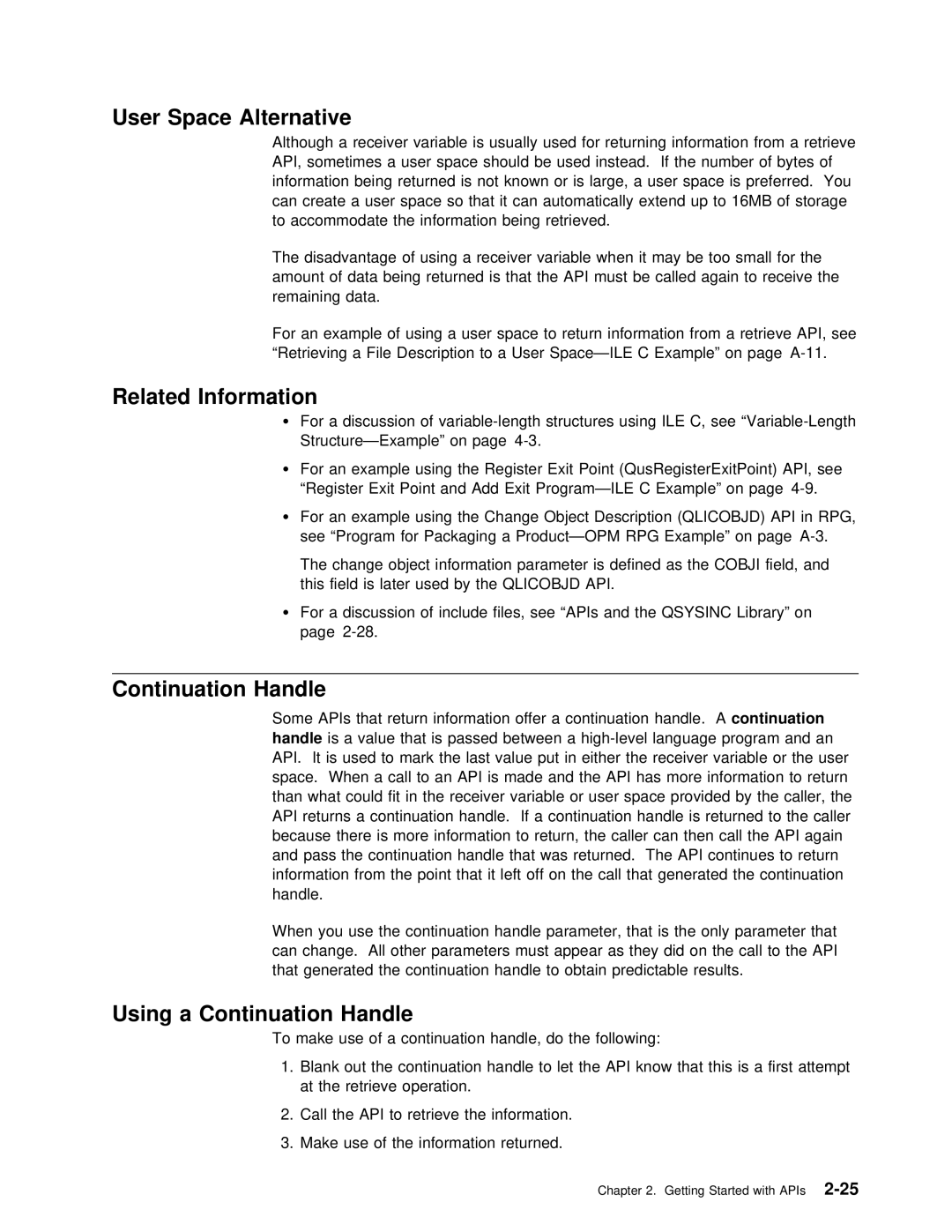 IBM Version 4 manual User Space Alternative, Using a Continuation Handle, Qlicobjd API 