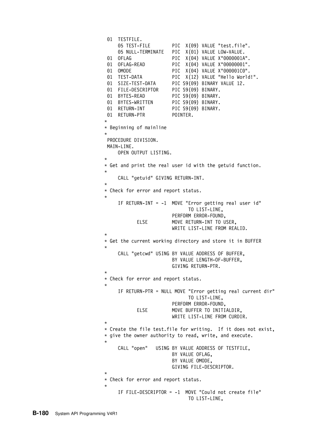 IBM Version 4 Testfile, Value LOW-VALUE, Oflag PIC, Oflag-Read Pic, Omode PIC, Test-Data Pic, Binary Value, Bytes-Read 