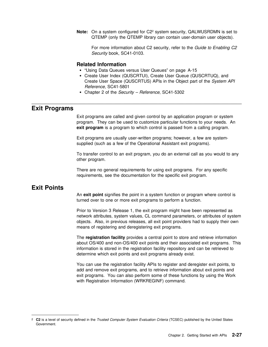 IBM Version 4 manual Exit Programs, Exit Points, Security, Qalwusrdmn Set to System configured forsystemC2 