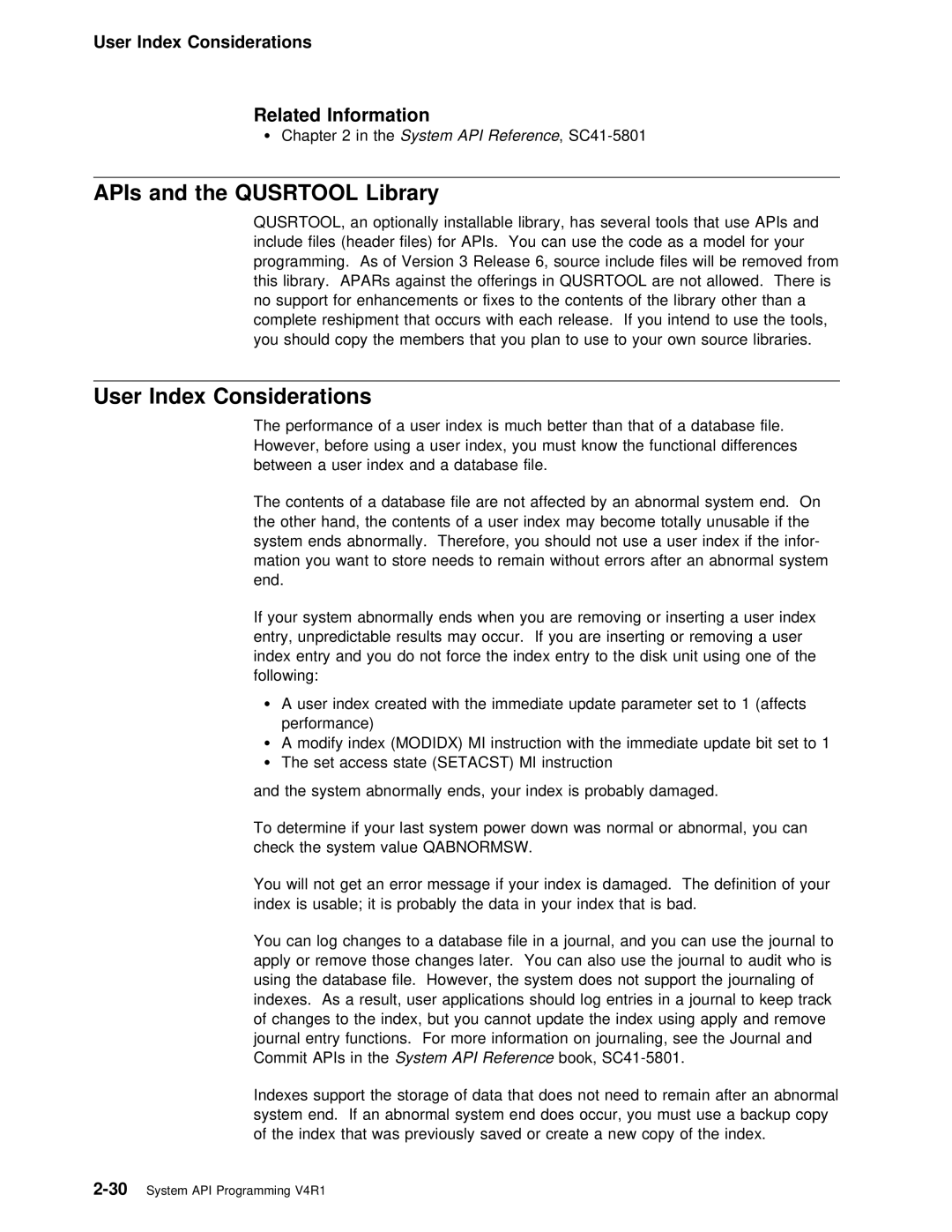 IBM Version 4 manual APIs and the Qusrtool Library, User Index Considerations, InSystthem API Reference, SC41-5801 