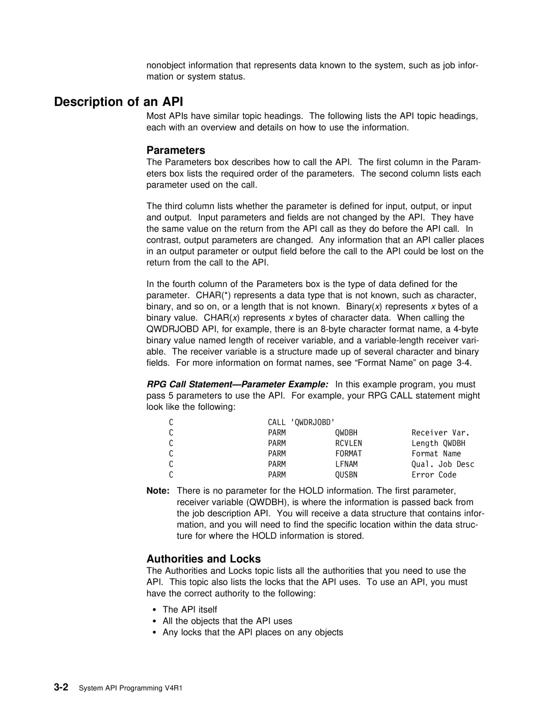 IBM Version 4 manual Description of an API, Parameters, Locks, Authorities 