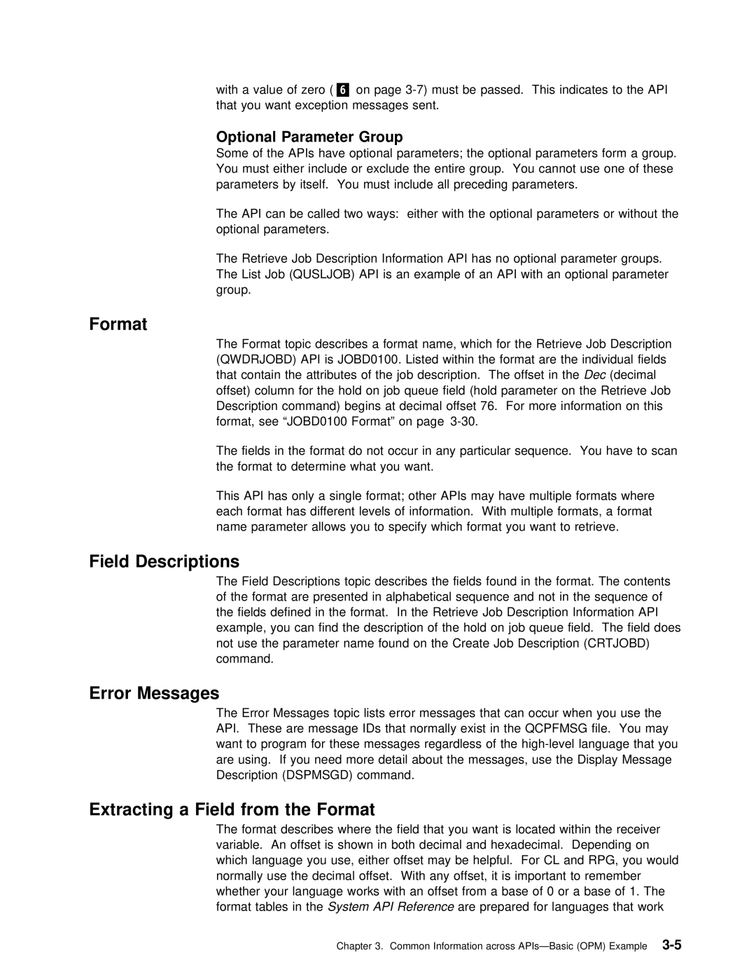 IBM Version 4 manual Format, Field Descriptions, Error Messages, Optional Parameter Group 