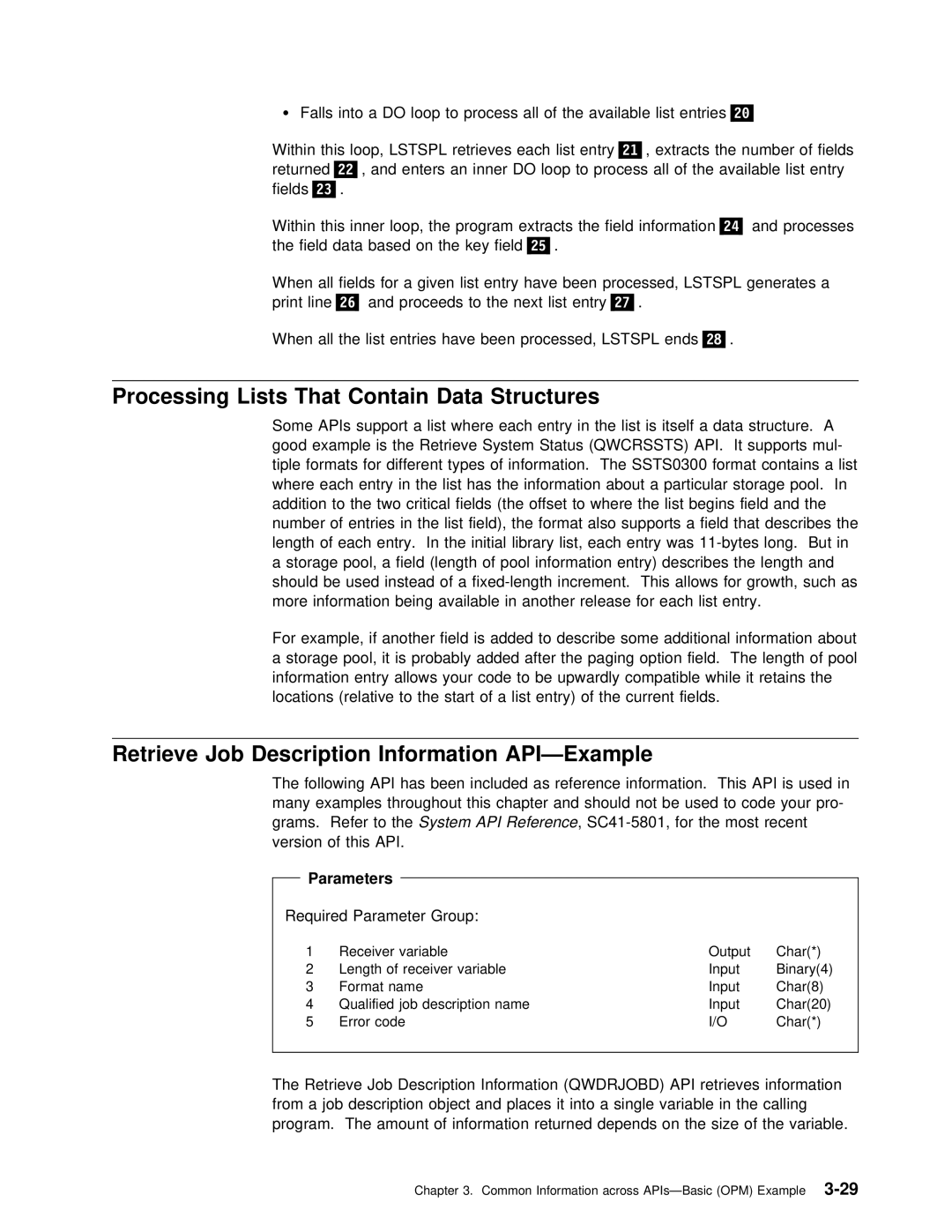 IBM Version 4 manual API-Example, Processing, Job Description Information, Parameters 