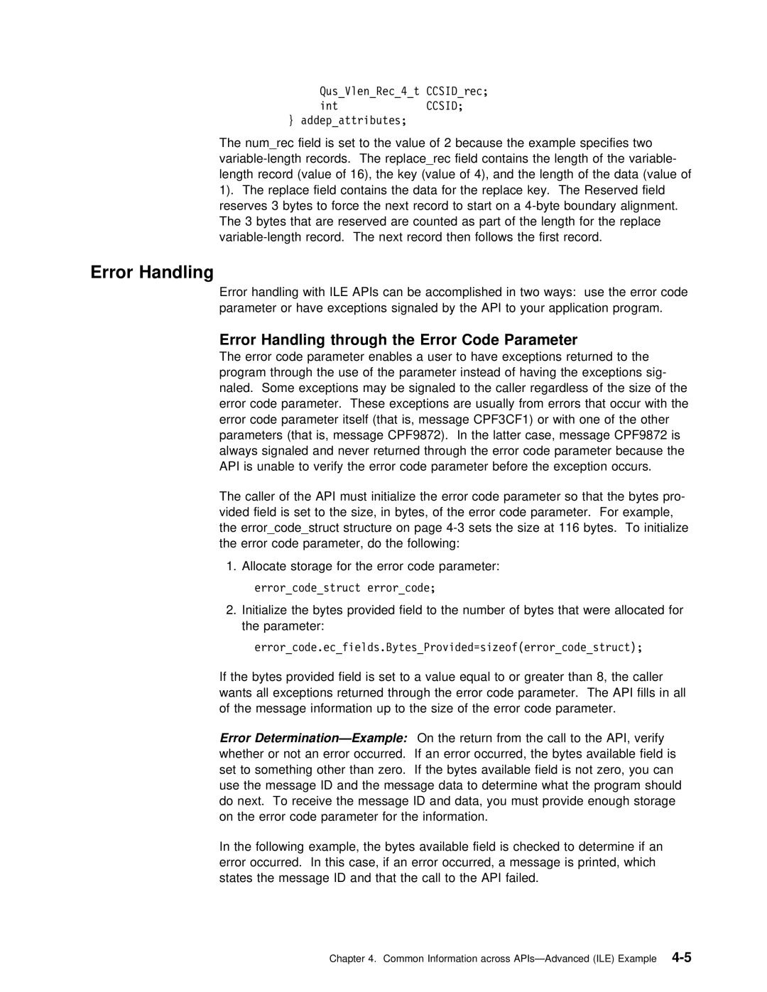 IBM Version 4 Error Handling through the Error Code Parameter, Ccsid, Initialize Bytes provided Field Number Parameter 