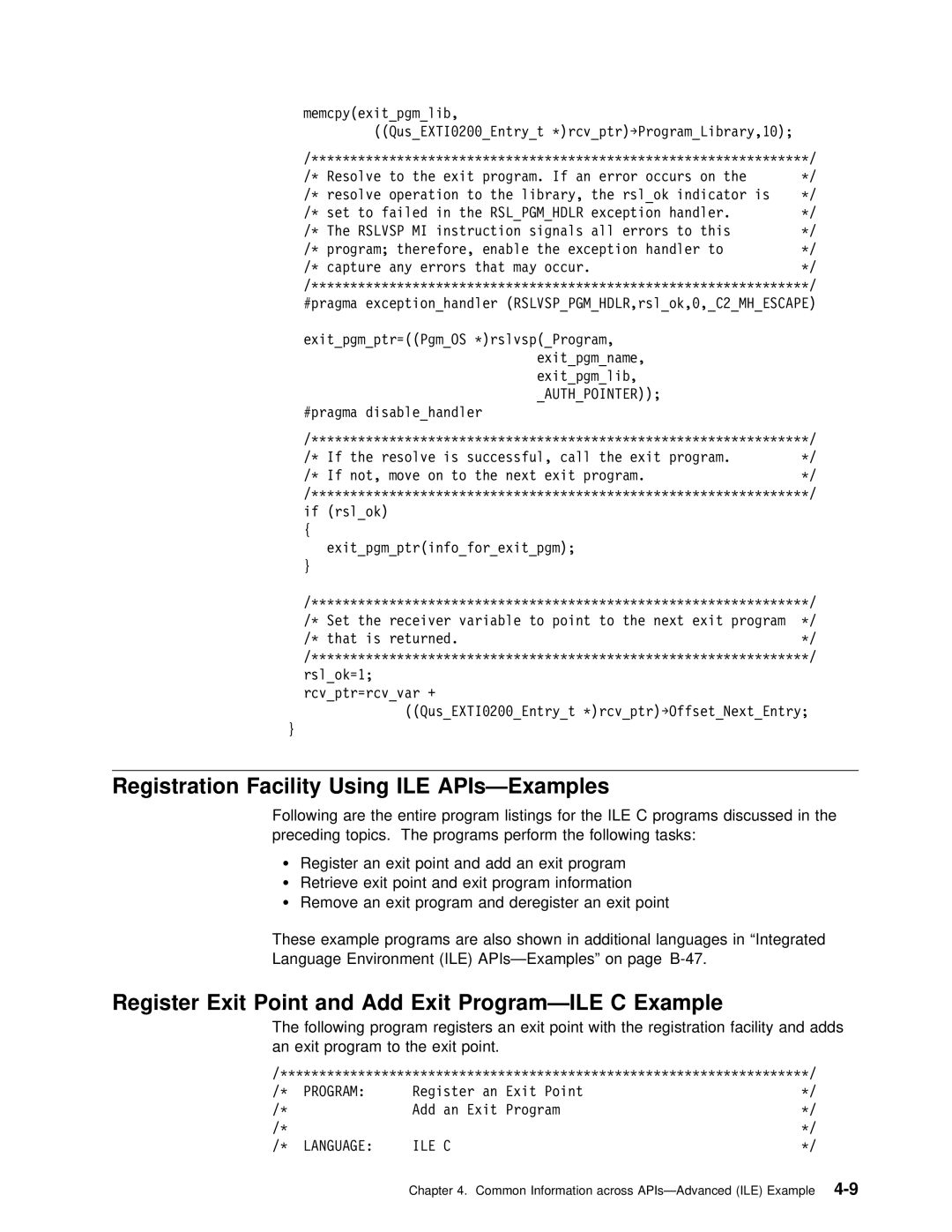 IBM Version 4 manual Registration Facility Using ILE APIs-Examples, Add Exit Program-ILE, Ile C 