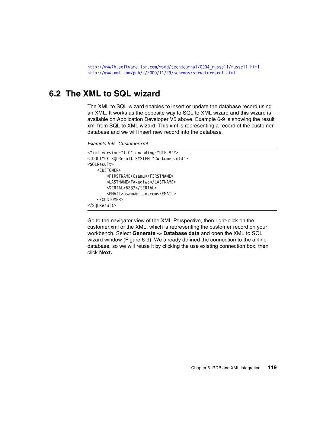 IBM Version 5 manual XML to SQL wizard, Example 6-9 Customer.xml 