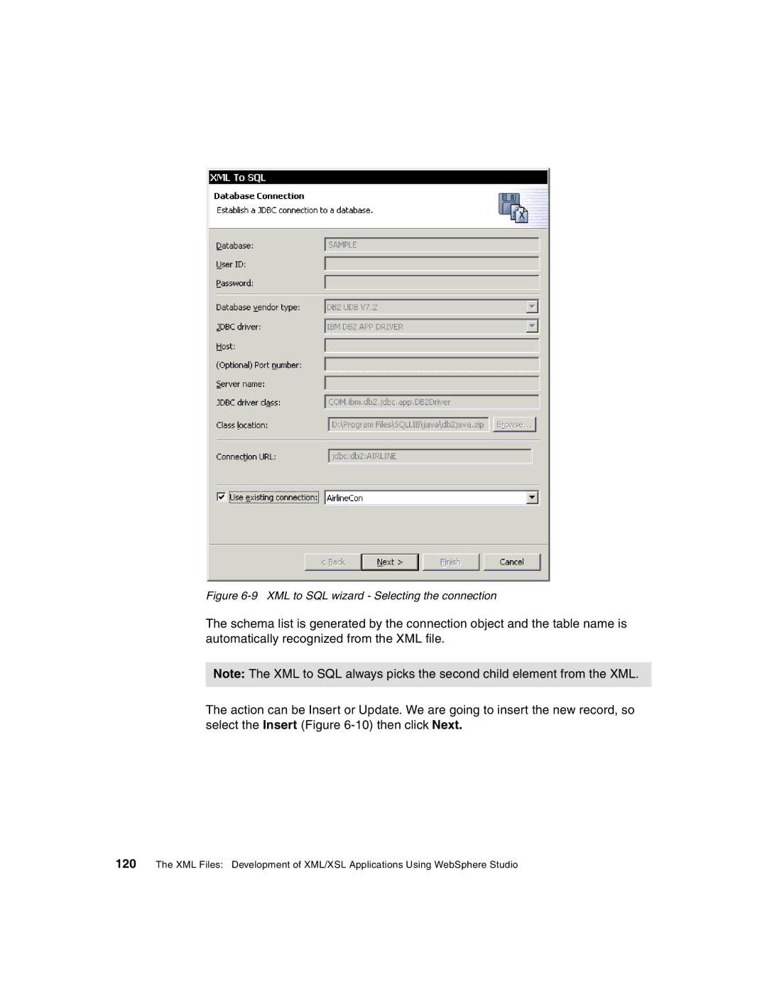 IBM Version 5 manual XML to SQL wizard Selecting the connection 
