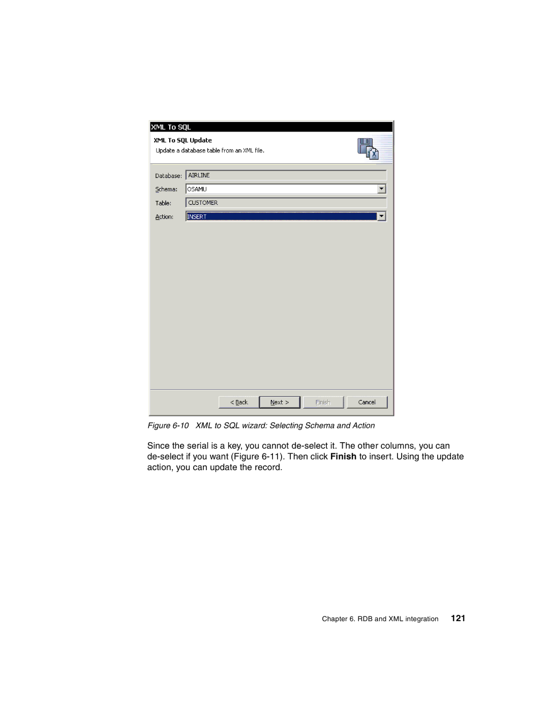 IBM Version 5 manual XML to SQL wizard Selecting Schema and Action 