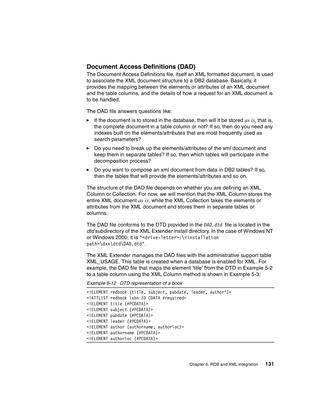 IBM Version 5 manual Document Access Definitions DAD, Example 6-12 DTD representation of a book 