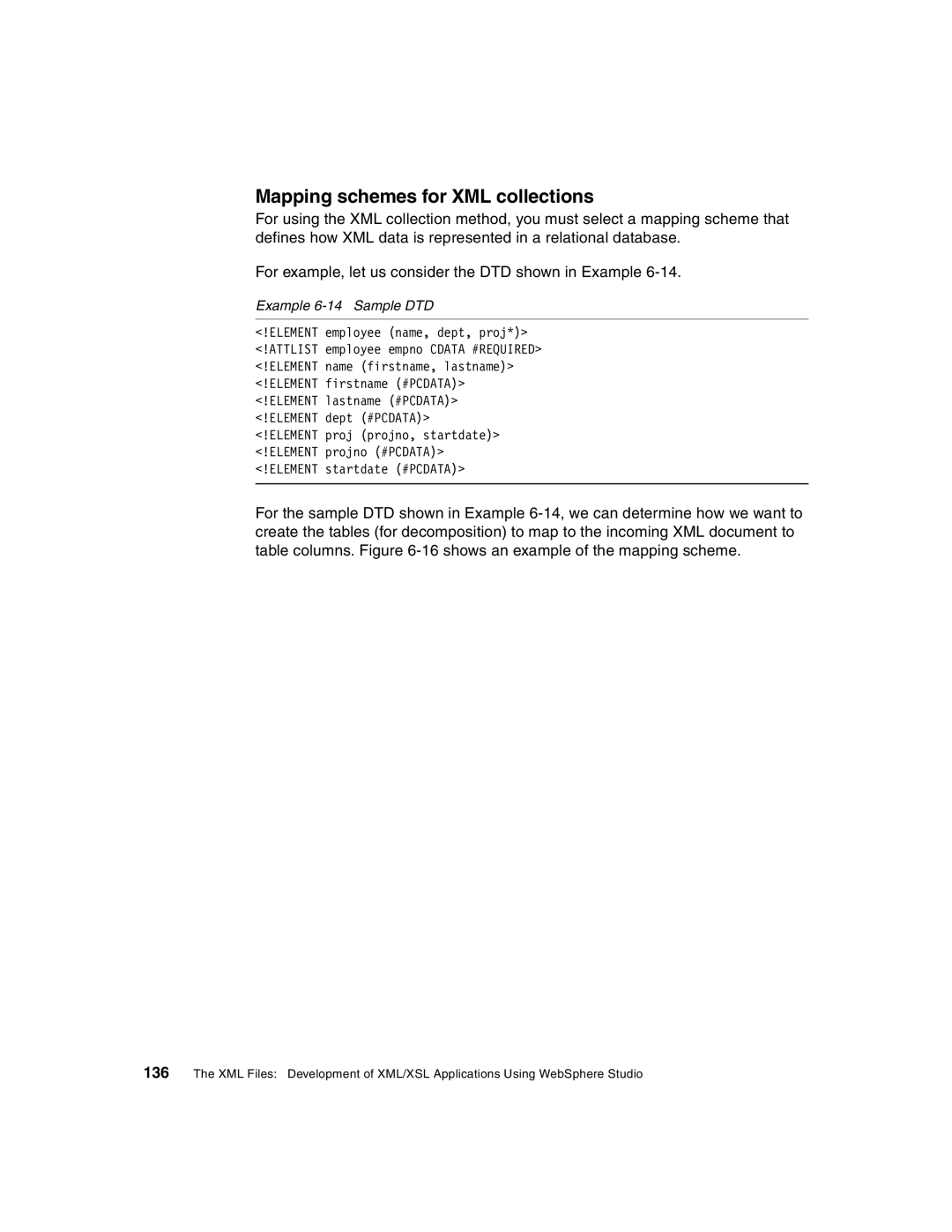 IBM Version 5 manual Mapping schemes for XML collections, Example 6-14 Sample DTD 