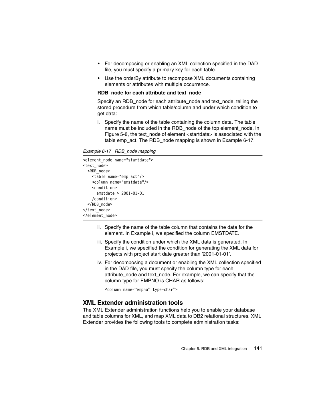 IBM Version 5 XML Extender administration tools, RDBnode for each attribute and textnode, Example 6-17 RDBnode mapping 