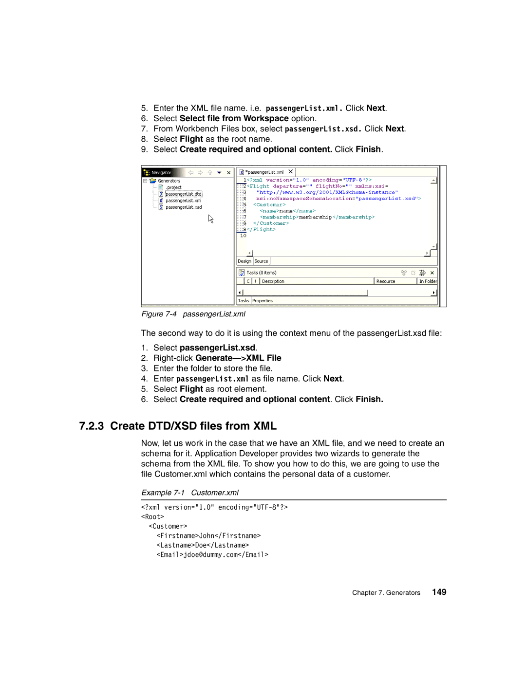 IBM Version 5 manual Create DTD/XSD files from XML, Select Select file from Workspace option, Example 7-1 Customer.xml 