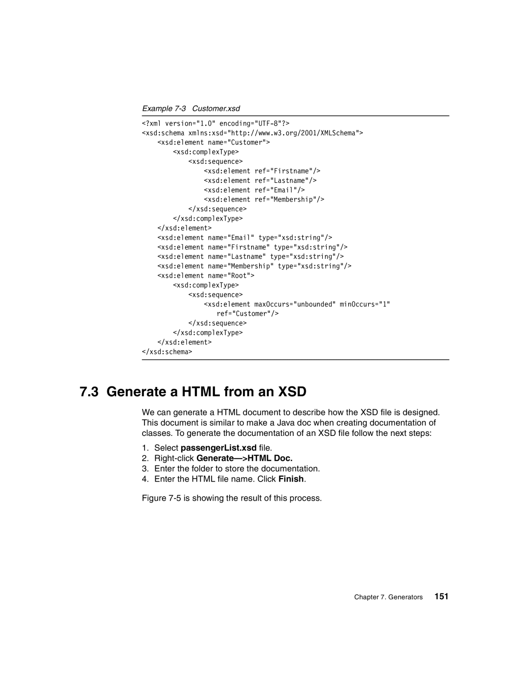 IBM Version 5 manual Generate a Html from an XSD, Select passengerList.xsd file Right-clickGenerate-HTML Doc 