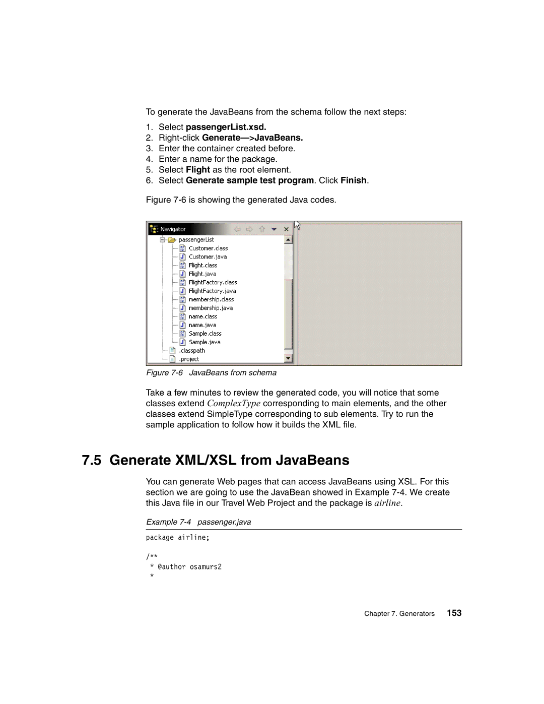 IBM Version 5 manual Generate XML/XSL from JavaBeans, Select passengerList.xsd Right-clickGenerate-JavaBeans 