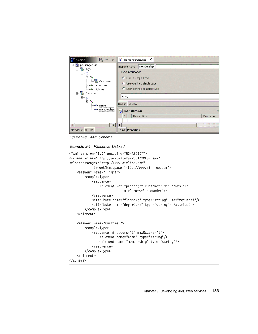 IBM Version 5 manual XML Schema Example 9-1 PassengerList.xsd 