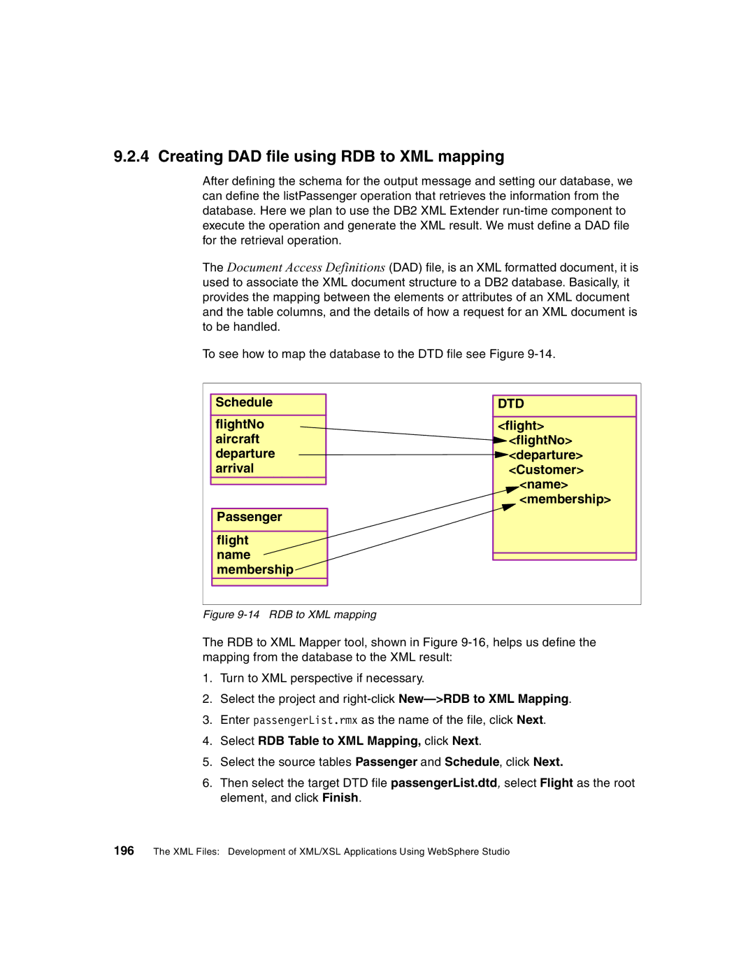 IBM Version 5 manual Creating DAD file using RDB to XML mapping, Membership, Select RDB Table to XML Mapping, click Next 