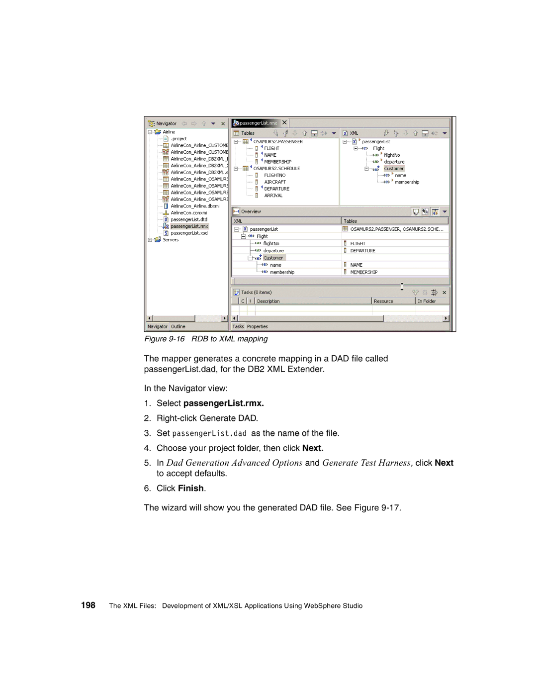 IBM Version 5 manual Select passengerList.rmx, RDB to XML mapping 