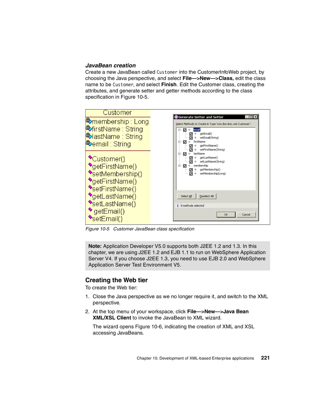 IBM Version 5 manual Creating the Web tier, Customer JavaBean class specification 