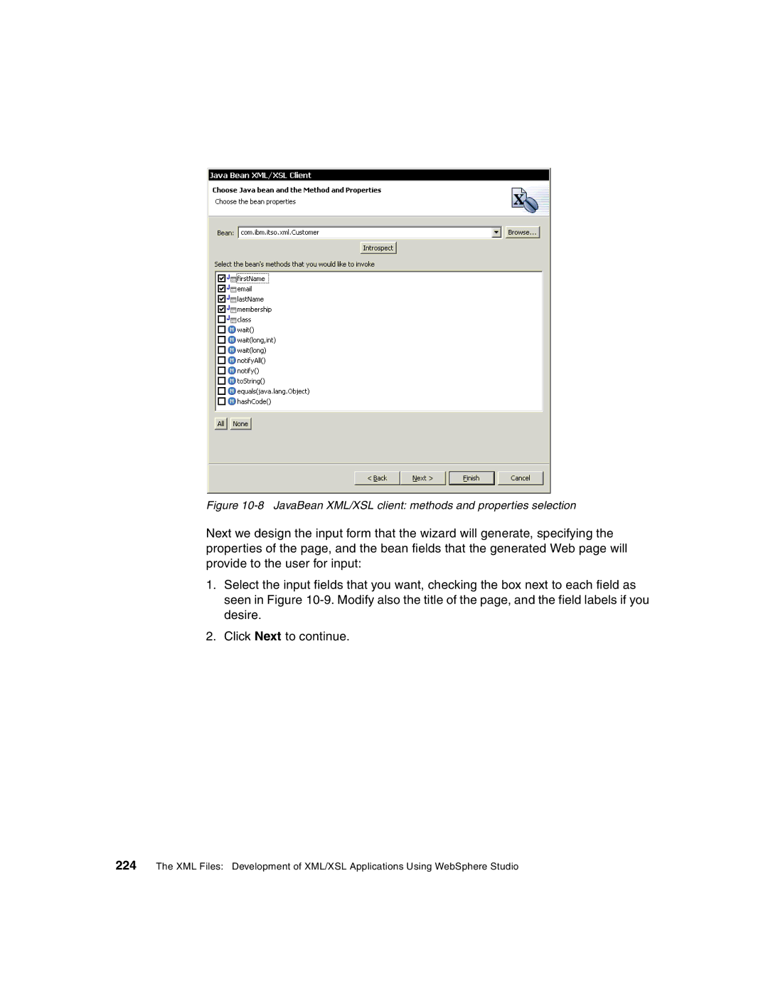 IBM Version 5 manual JavaBean XML/XSL client methods and properties selection 