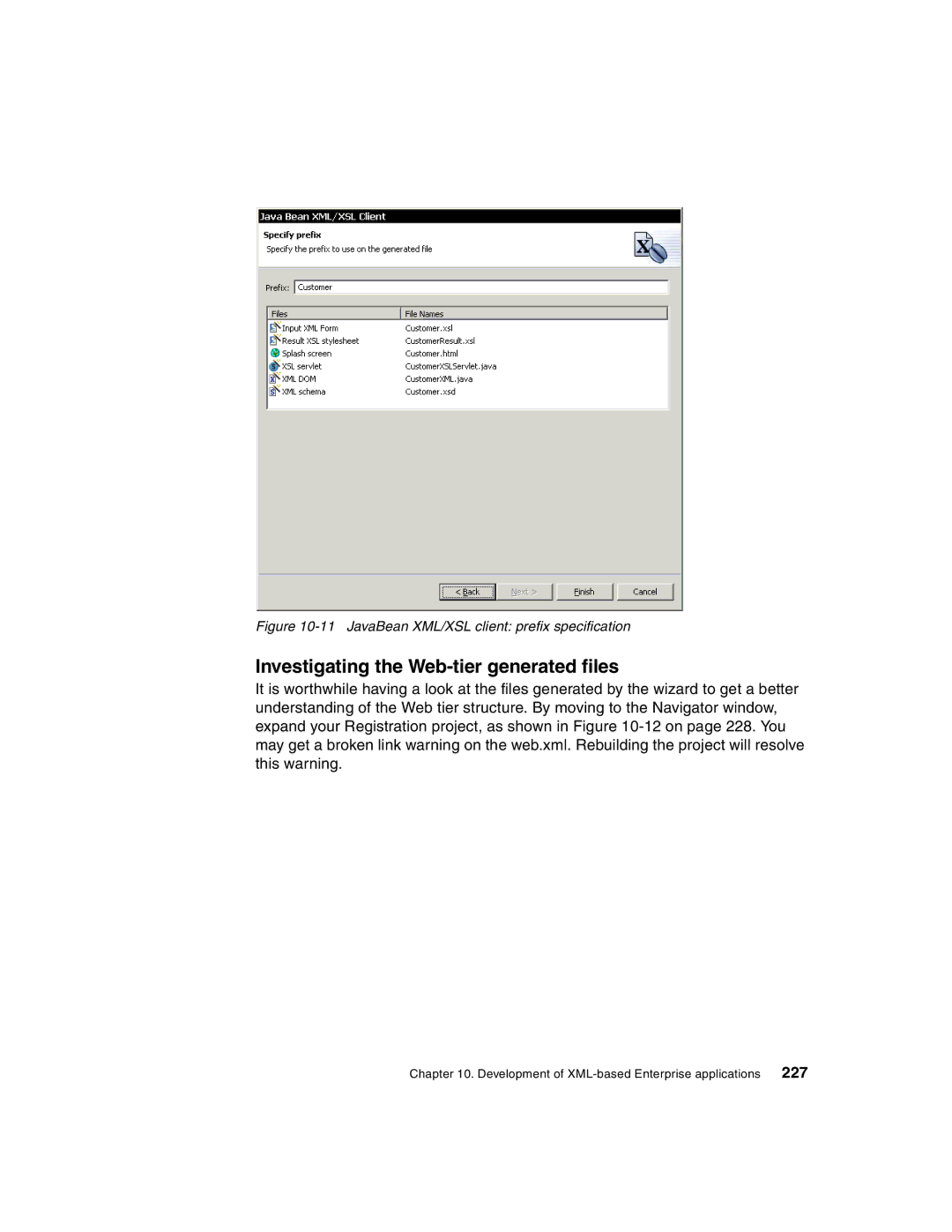 IBM Version 5 manual Investigating the Web-tier generated files, JavaBean XML/XSL client prefix specification 