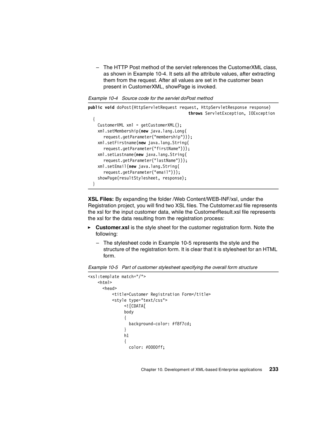 IBM Version 5 manual Example 10-4 Source code for the servlet doPost method 