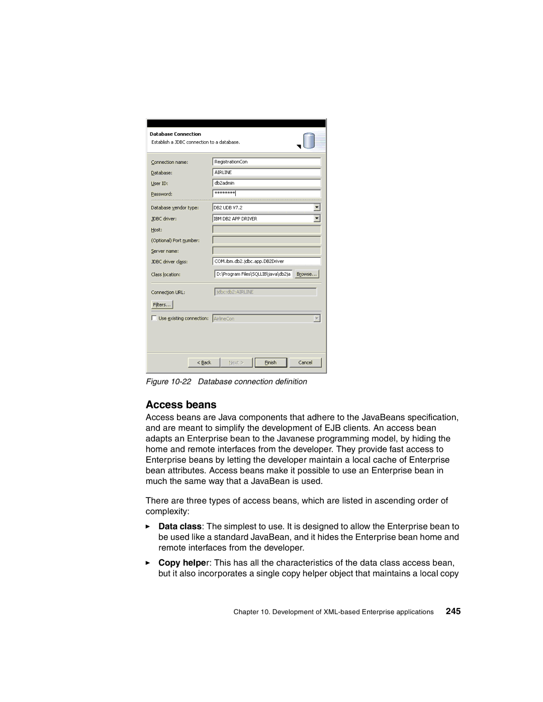 IBM Version 5 manual Access beans, Database connection definition 