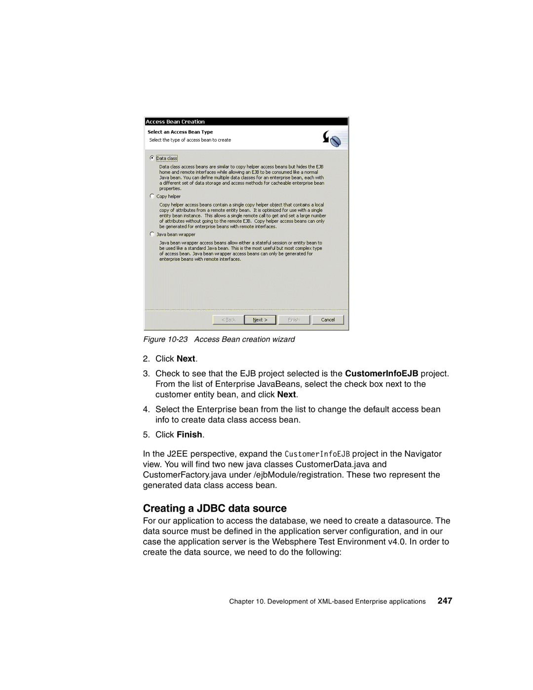 IBM Version 5 manual Creating a Jdbc data source, Access Bean creation wizard 
