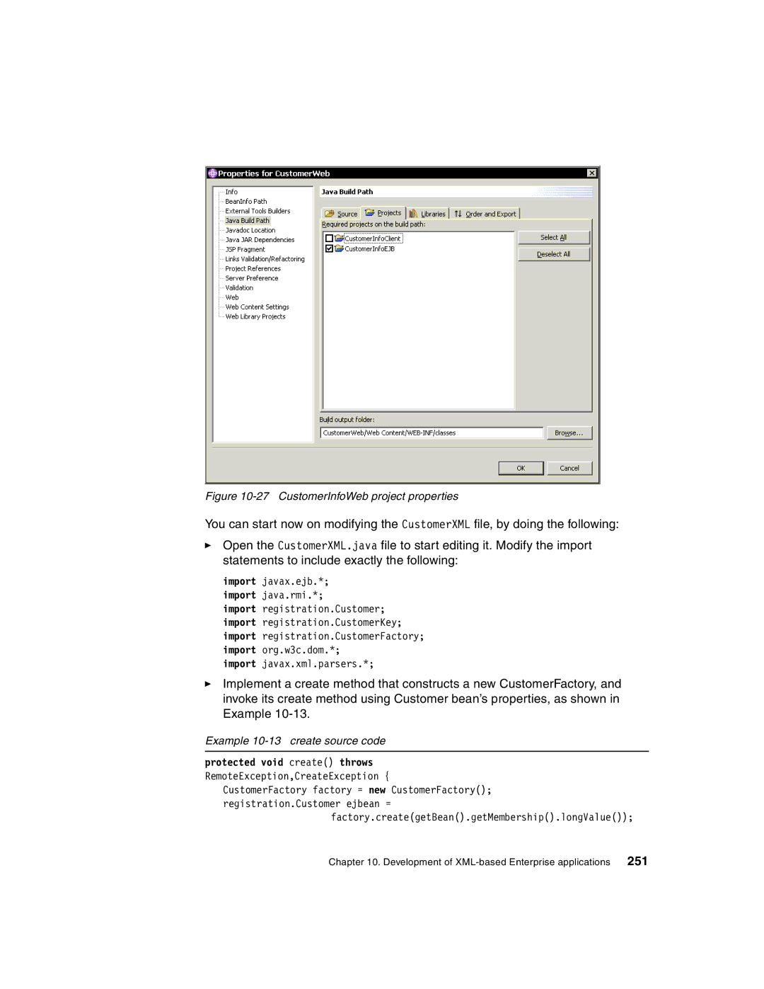 IBM Version 5 manual CustomerInfoWeb project properties, Example 10-13 create source code 