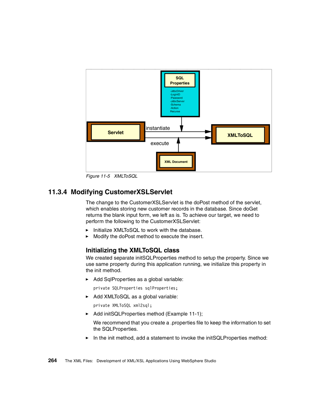 IBM Version 5 manual Modifying CustomerXSLServlet, Initializing the XMLToSQL class 