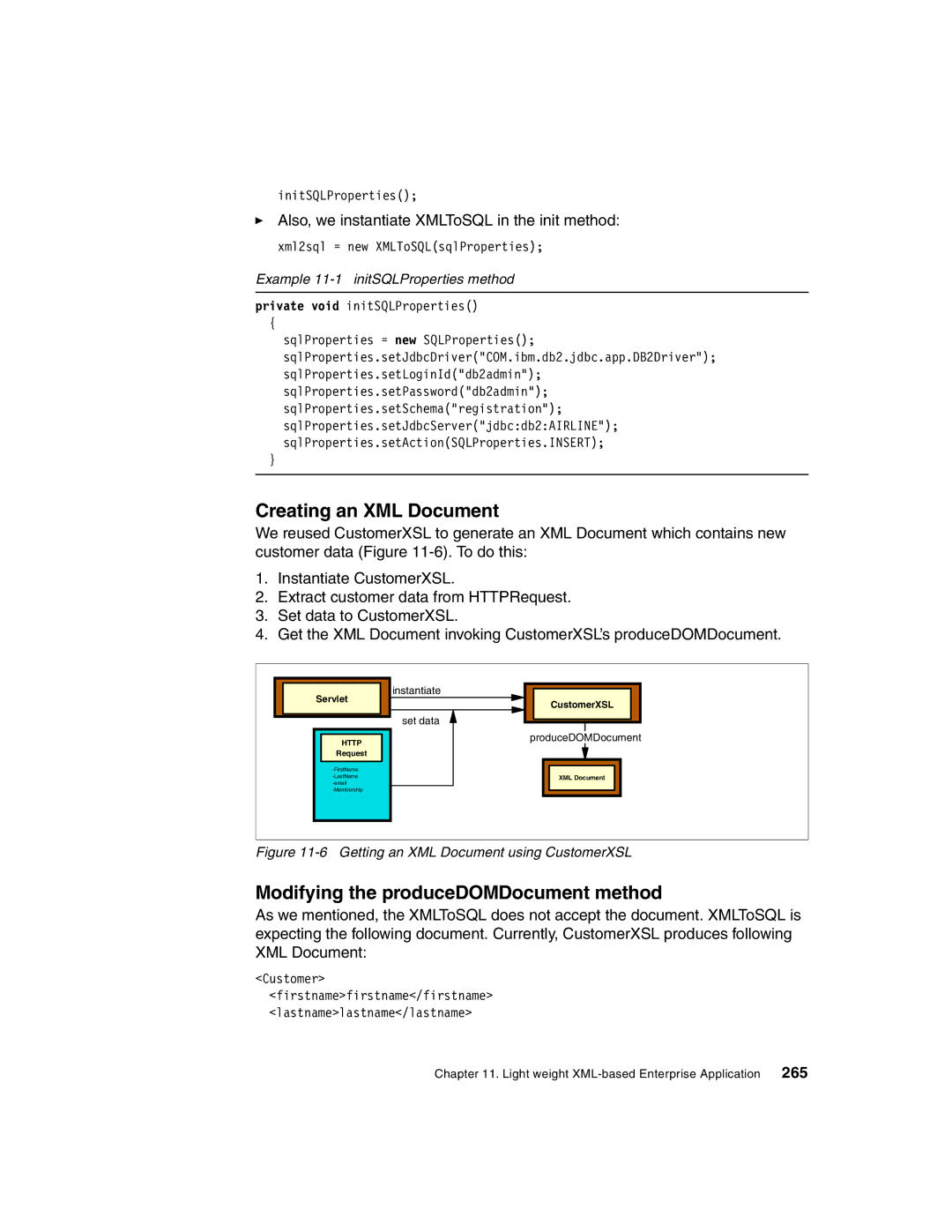 IBM Version 5 Creating an XML Document, Modifying the produceDOMDocument method, Example 11-1 initSQLProperties method 