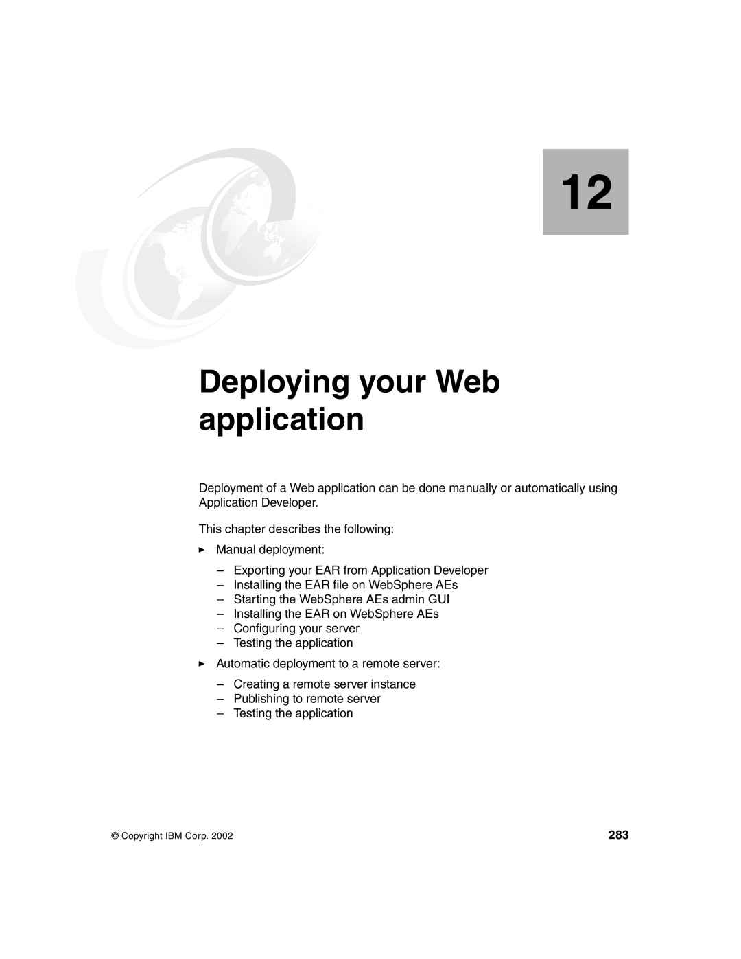 IBM Version 5 manual Deploying your Web application, 283 