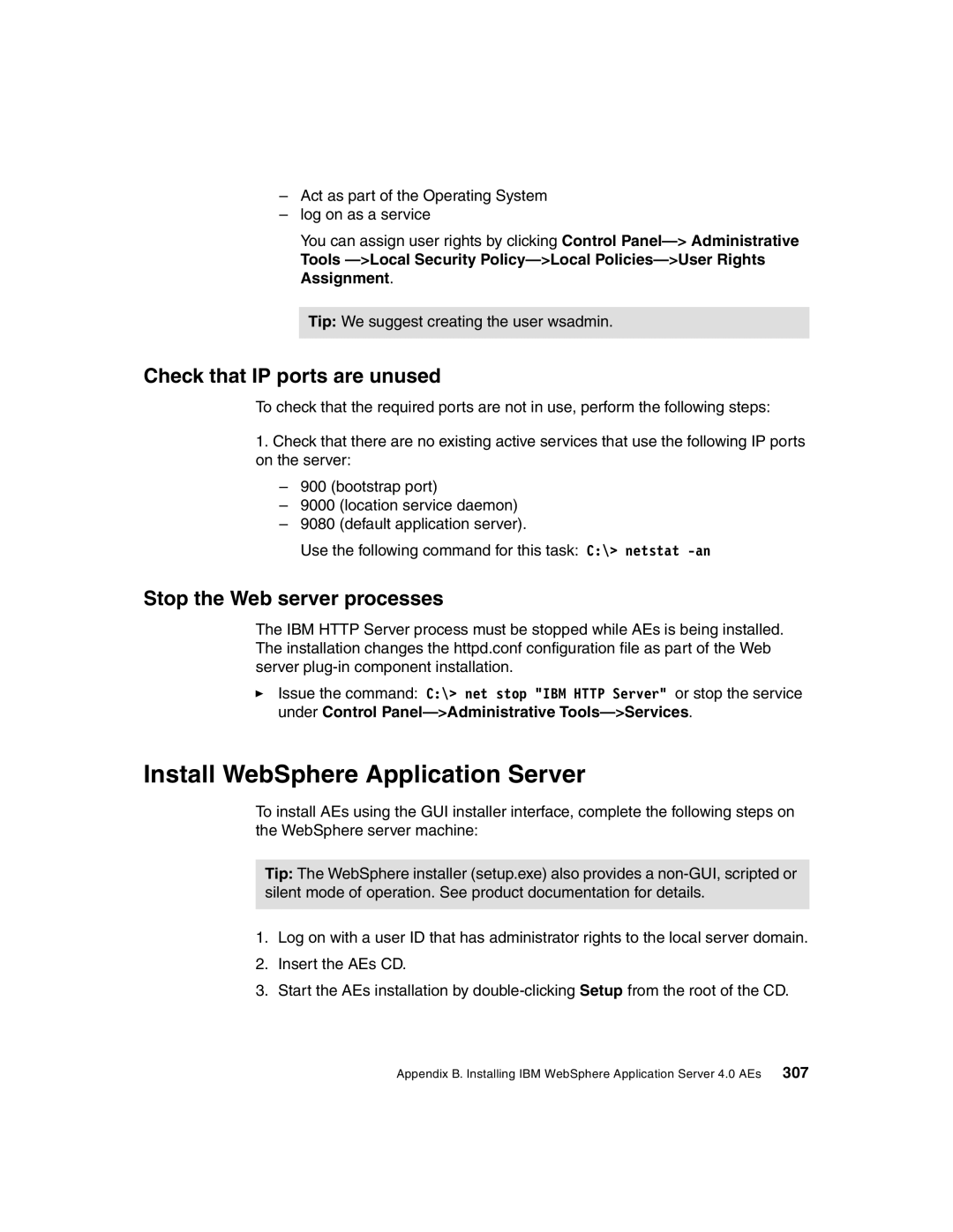 IBM Version 5 manual Install WebSphere Application Server, Check that IP ports are unused, Stop the Web server processes 