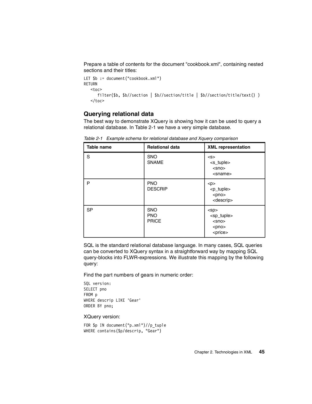 IBM Version 5 manual Querying relational data, Example schema for relational database and Xquery comparison 