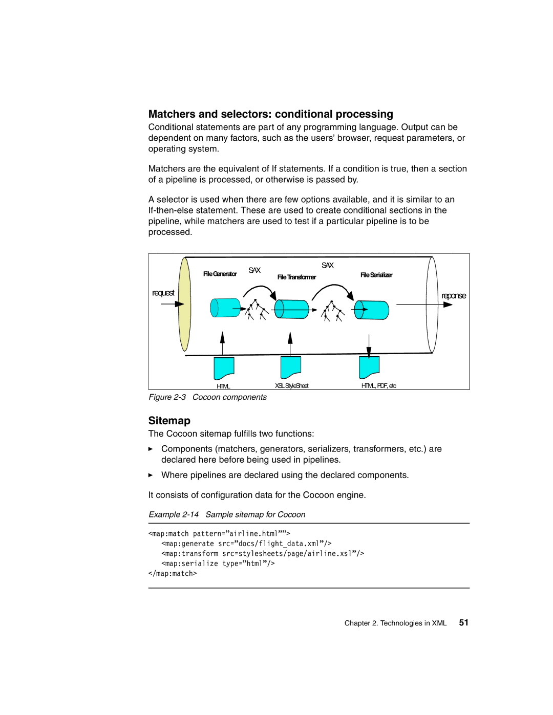 IBM Version 5 manual Matchers and selectors conditional processing, Sitemap, Example 2-14 Sample sitemap for Cocoon 