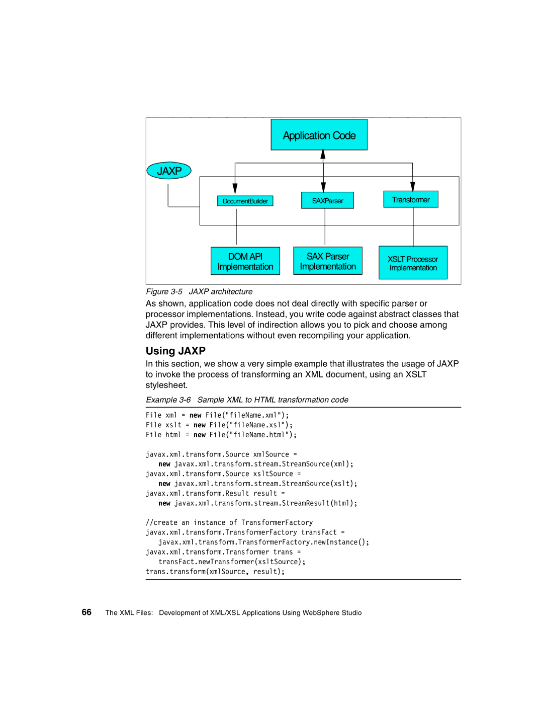 IBM Version 5 manual Using Jaxp, Example 3-6 Sample XML to Html transformation code 