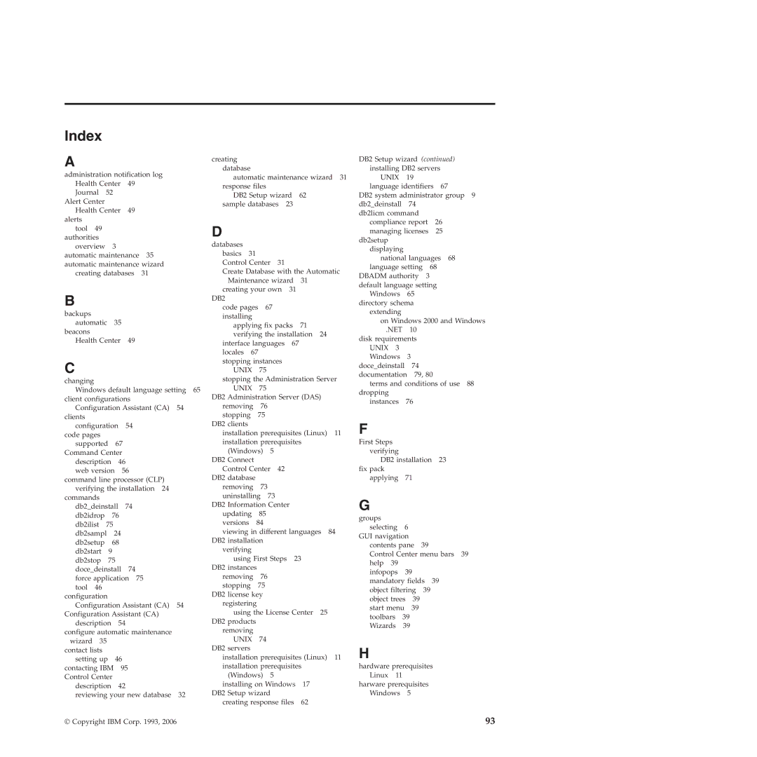 IBM VERSION 9 manual Index, DB2 